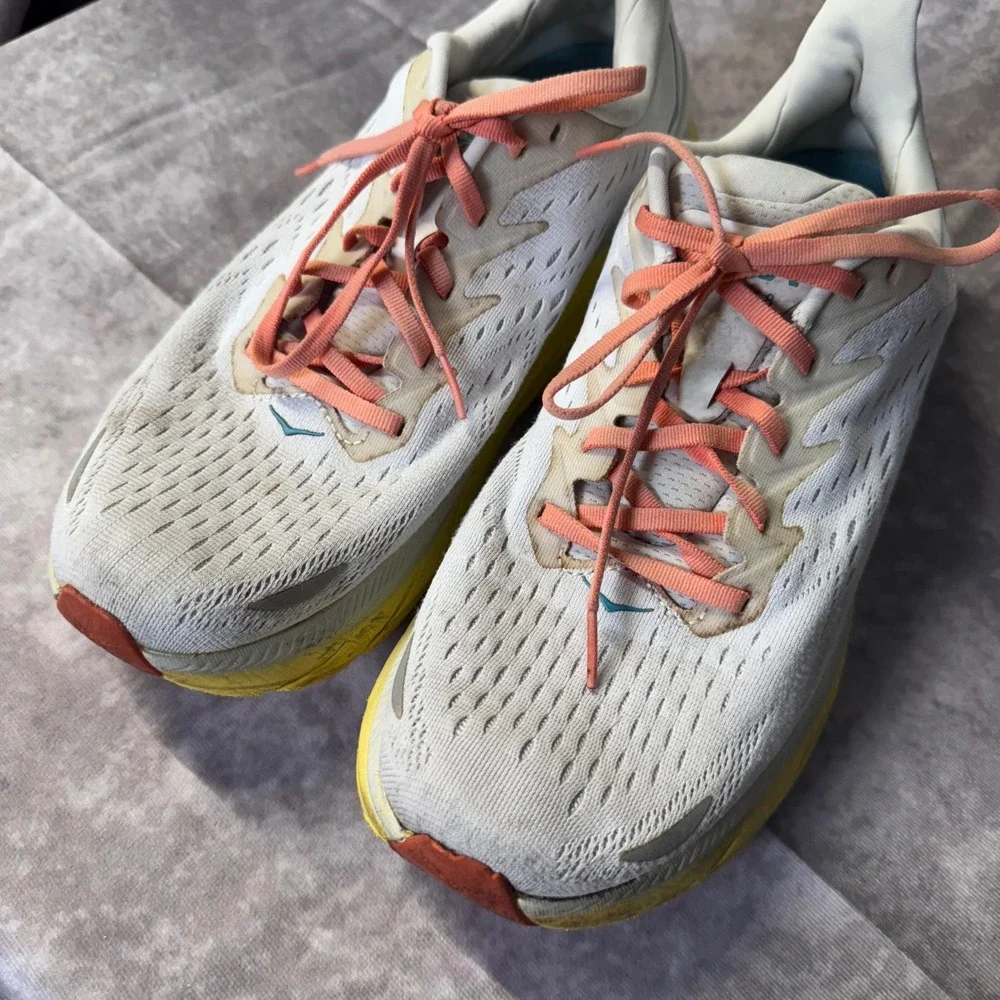 Hoka Clifton 8 Mens 11D Road Running Shoes White Yellow Coral Teal Sneaker